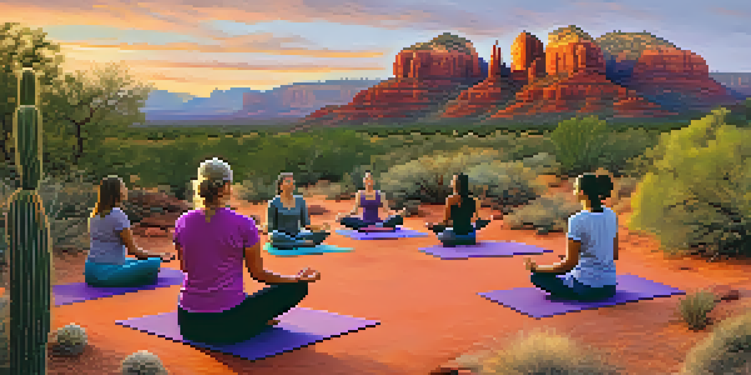 A tranquil sunset scene in Sedona, featuring red rock formations and a meditation circle with participants on colorful mats.