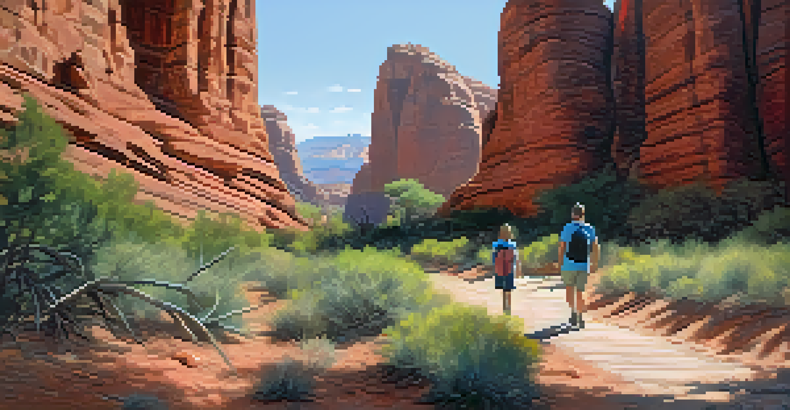 A family hiking on a scenic trail in Red Rock State Park, surrounded by red rock formations and green foliage.