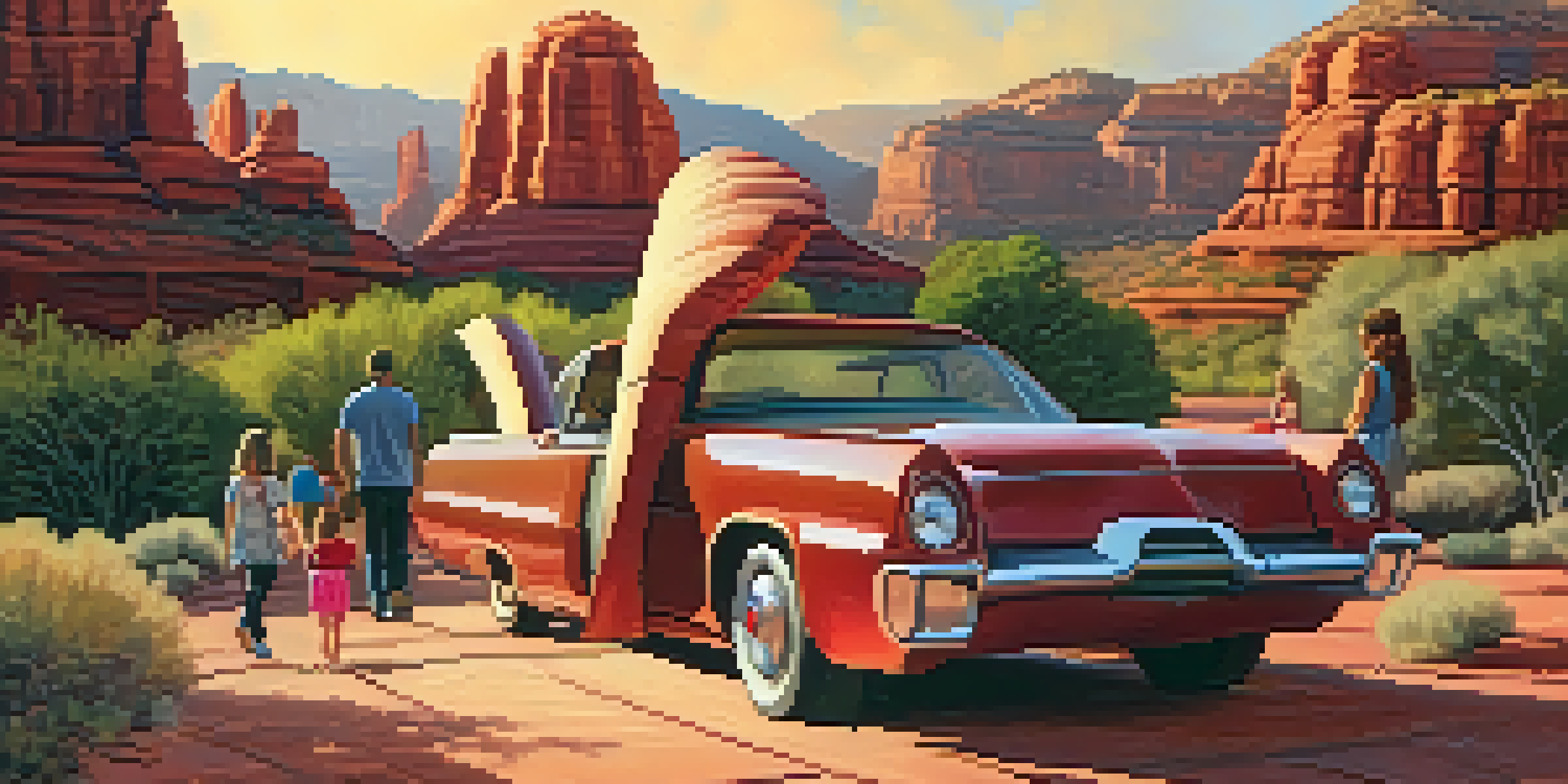 A whimsical outdoor sculpture in Sedona, with red rock formations in the background and families admiring the art.