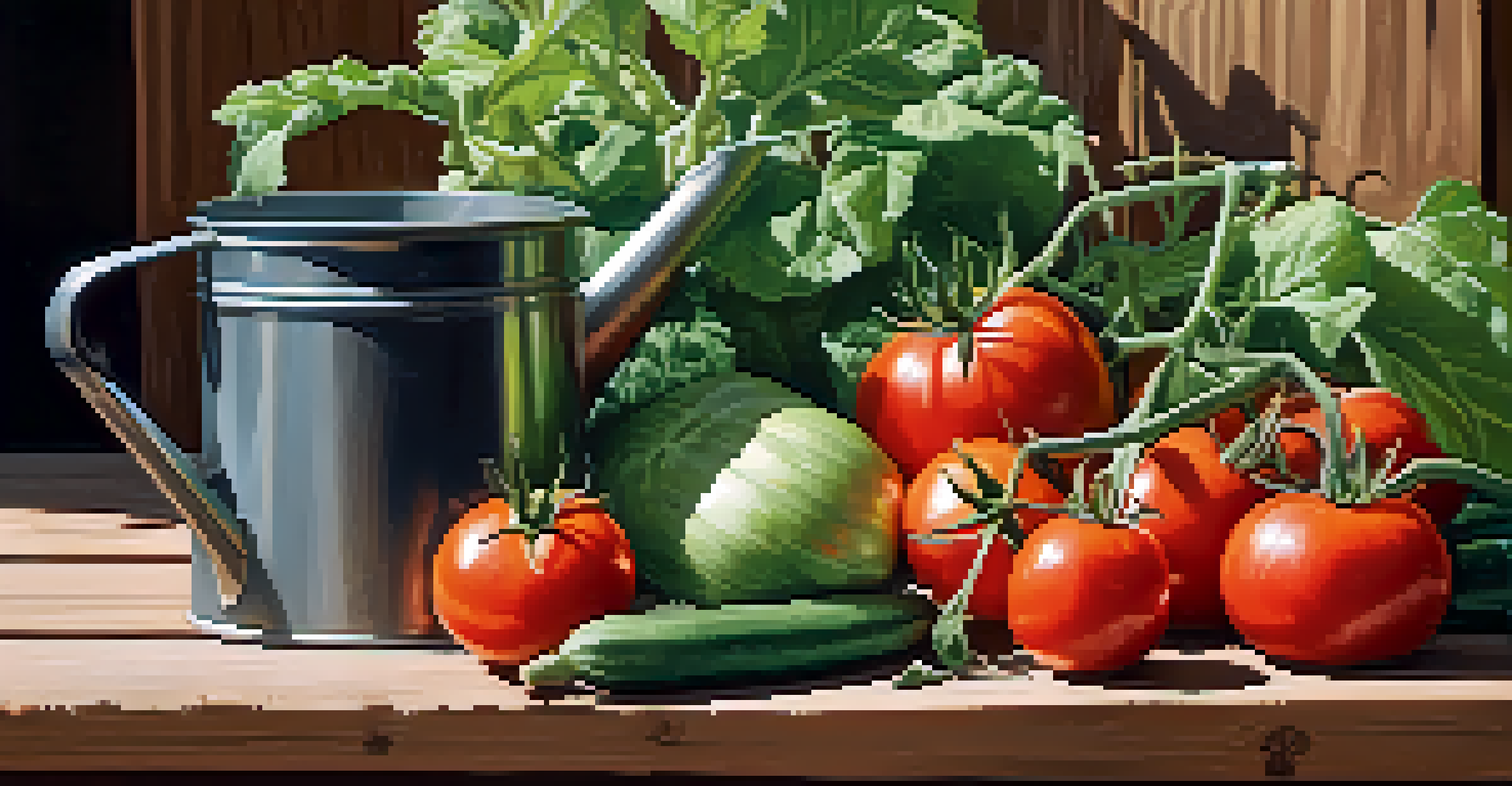 Freshly harvested vegetables and herbs displayed on a wooden table, with garden tools nearby.