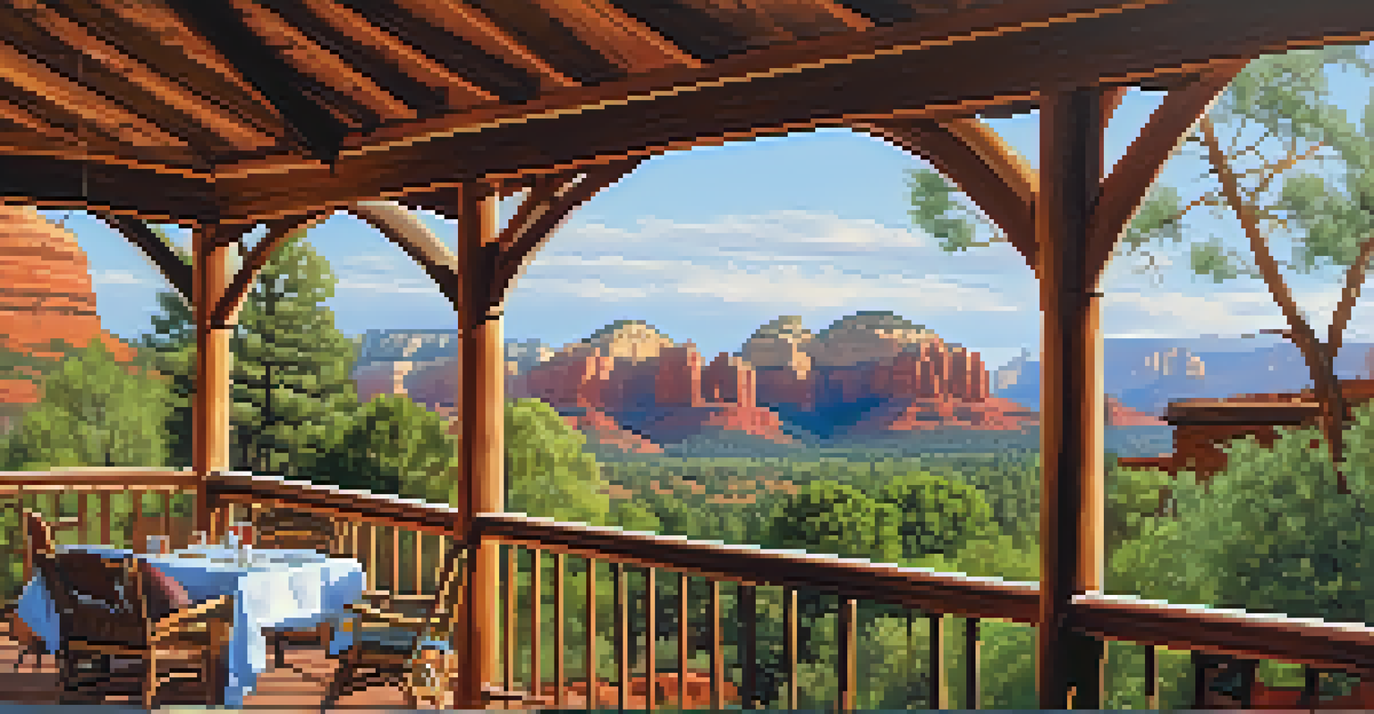 A scenic view from the porch of a historic inn in Sedona, with guests enjoying breakfast and red rock formations in the background.