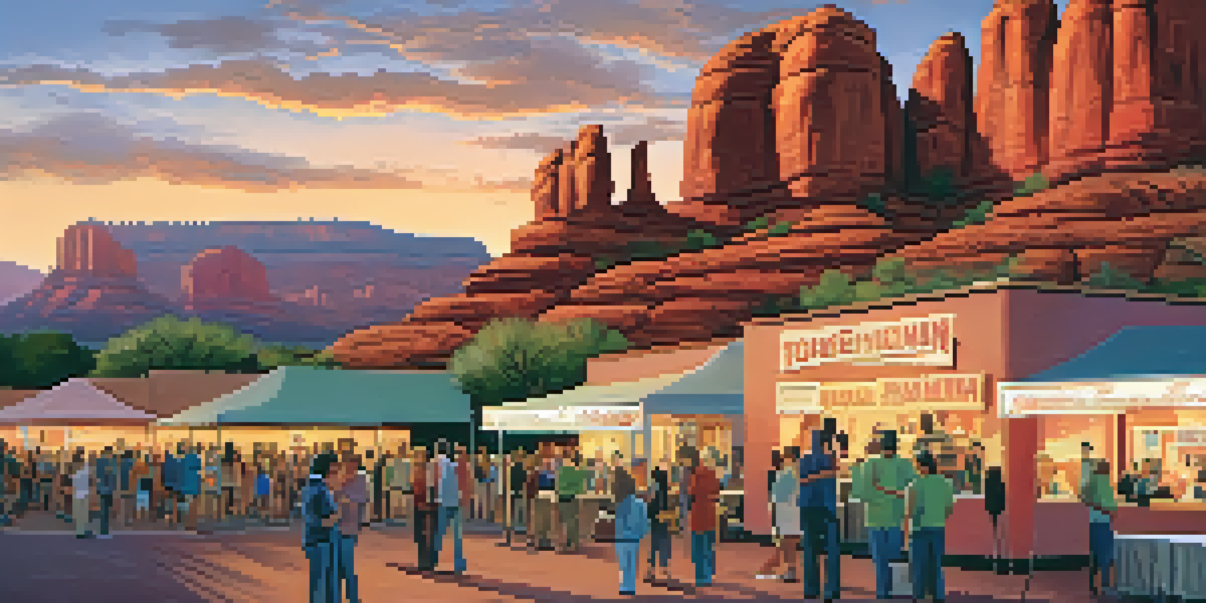 A lively film festival in Sedona with diverse filmmakers and audiences interacting against a backdrop of red rock formations at sunset.