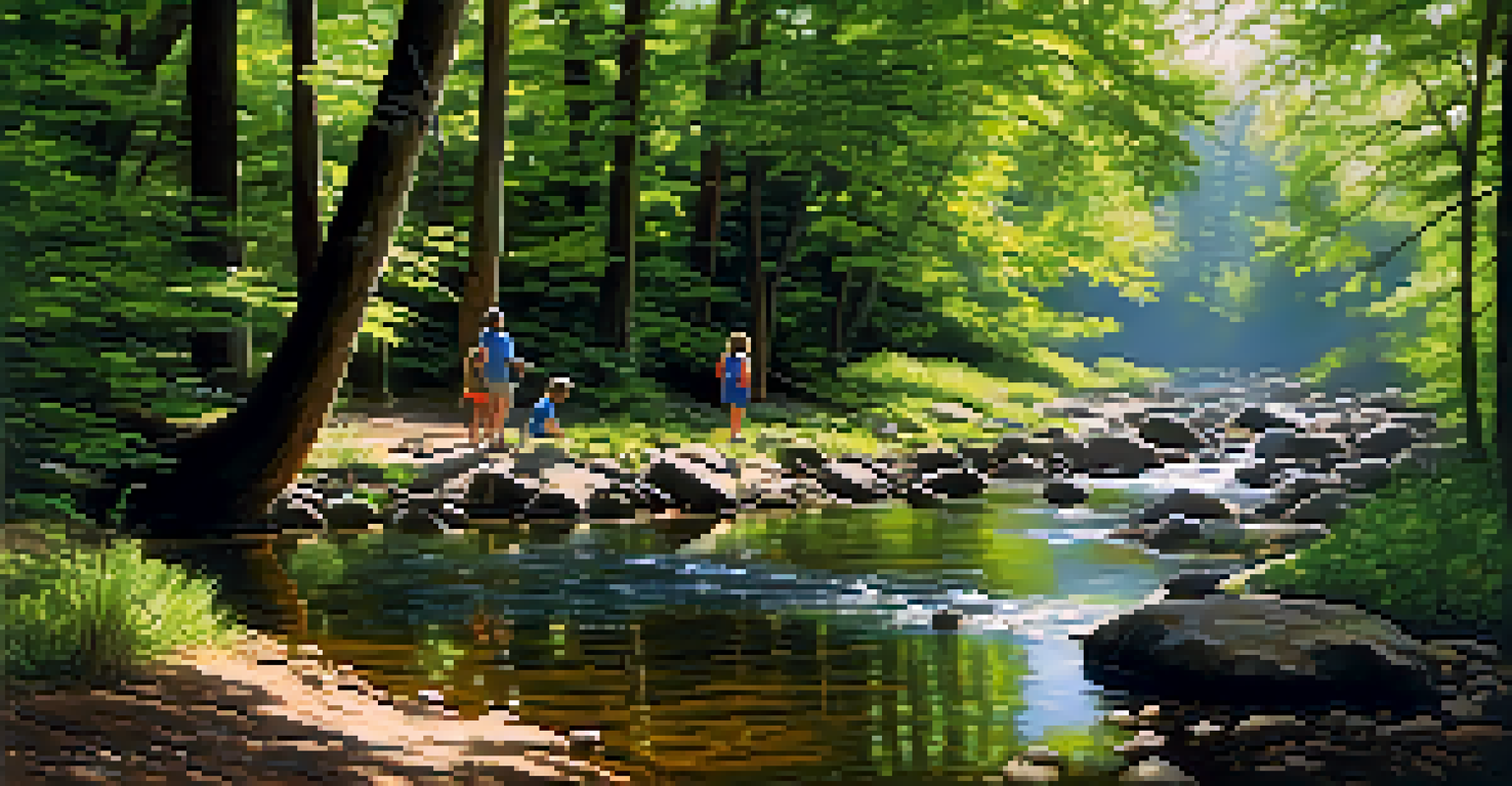 Children playing by a stream on West Fork Trail, surrounded by trees and greenery.