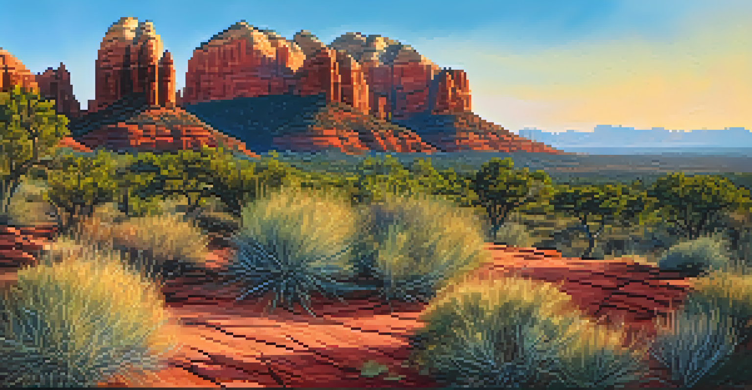 A panoramic view of red rock formations in Sedona at sunset with hikers in the foreground.