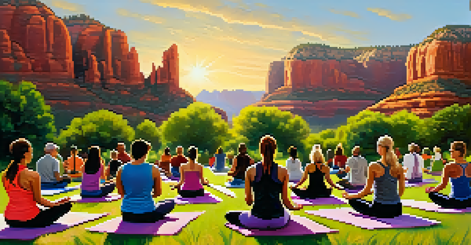 A diverse group of people practicing yoga outdoors in Sedona, Arizona, with red rock formations in the background.