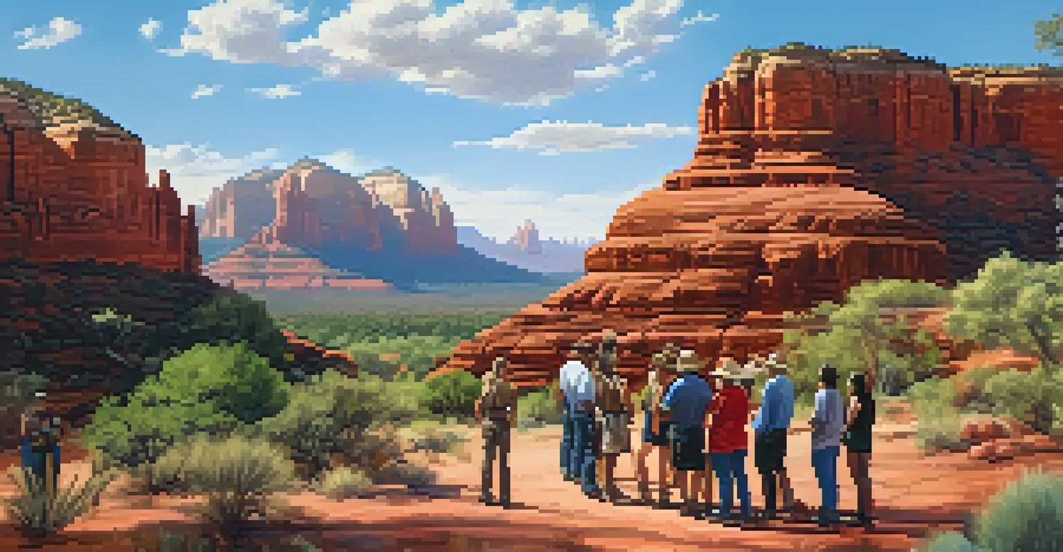 A guided historical tour in Sedona with a diverse group of people and ancient dwellings in the background.