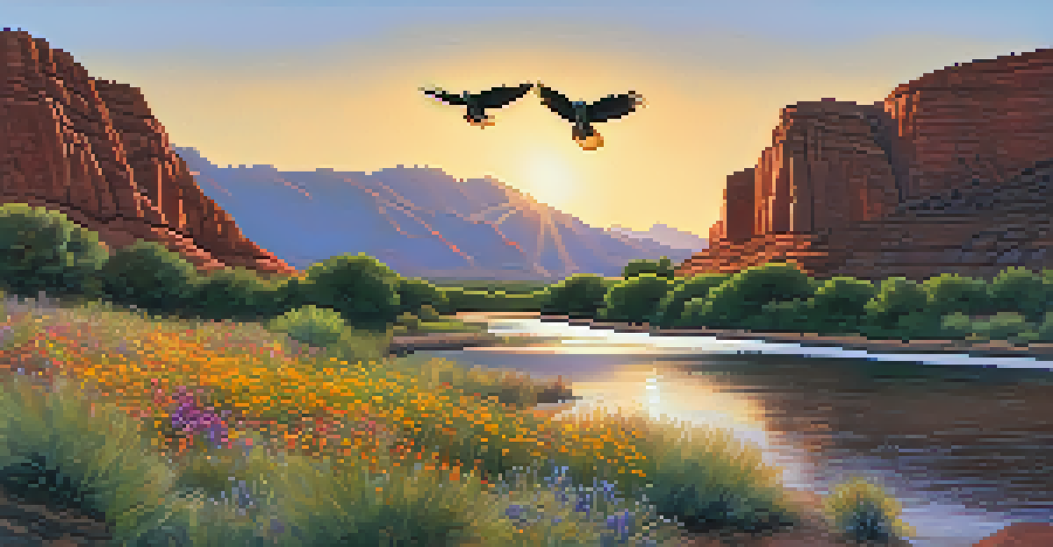 A stunning morning view of Red Rock State Park with red cliffs, an American kestrel in flight, and blooming wildflowers.