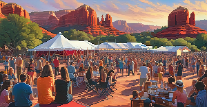 An outdoor music festival in Sedona with red rock formations, colorful tents, and a lively crowd enjoying live music as the sun sets.