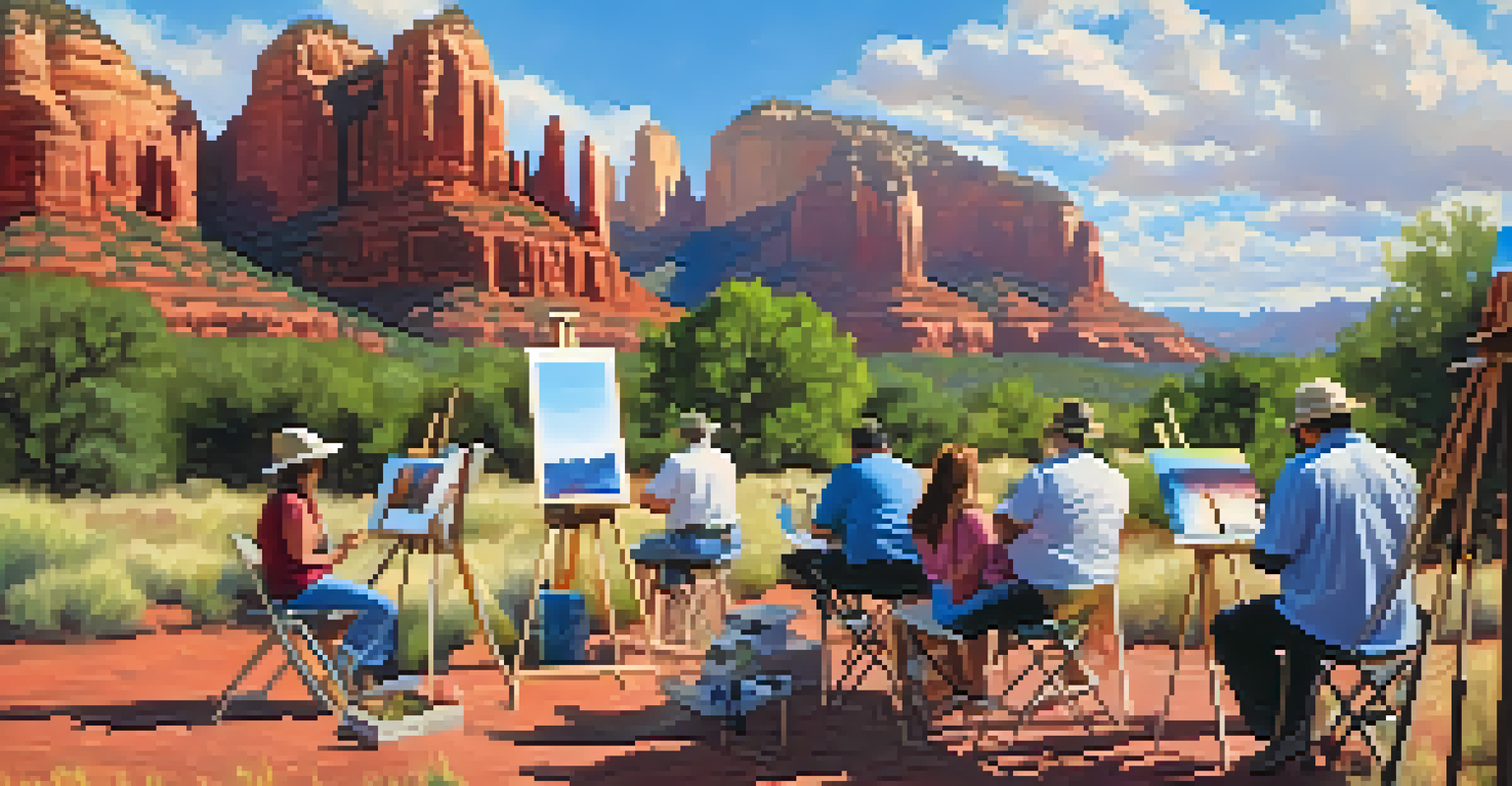 Artists painting outdoors in Sedona, surrounded by red rock formations and lush greenery under a blue sky.