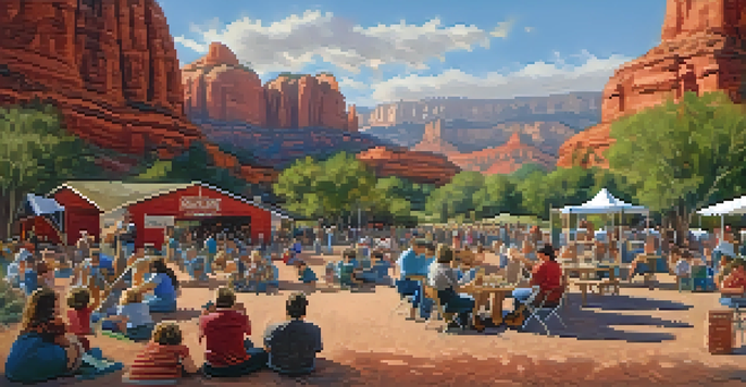 Families enjoying the Sedona Bluegrass Festival with children engaged in crafts and musicians playing bluegrass music against a red rock backdrop.