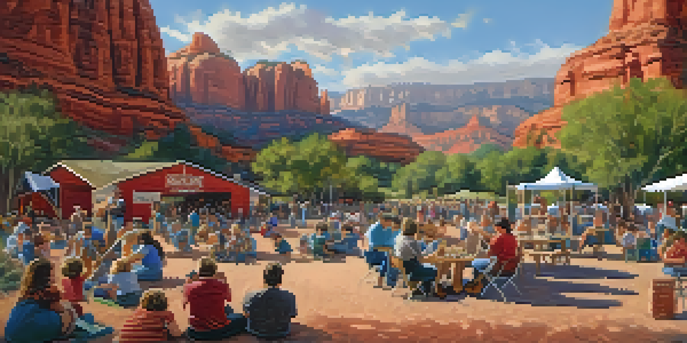 Families enjoying the Sedona Bluegrass Festival with children engaged in crafts and musicians playing bluegrass music against a red rock backdrop.
