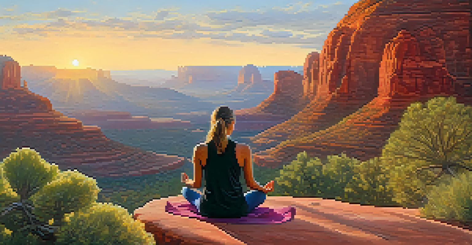 A person meditating on a rock at Sky Island Retreat with a view of Sedona's landscape during sunrise.