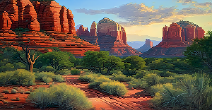 A scenic landscape of Sedona's red rock formations illuminated by a vibrant sunset, with a winding path and lush greenery in the foreground.