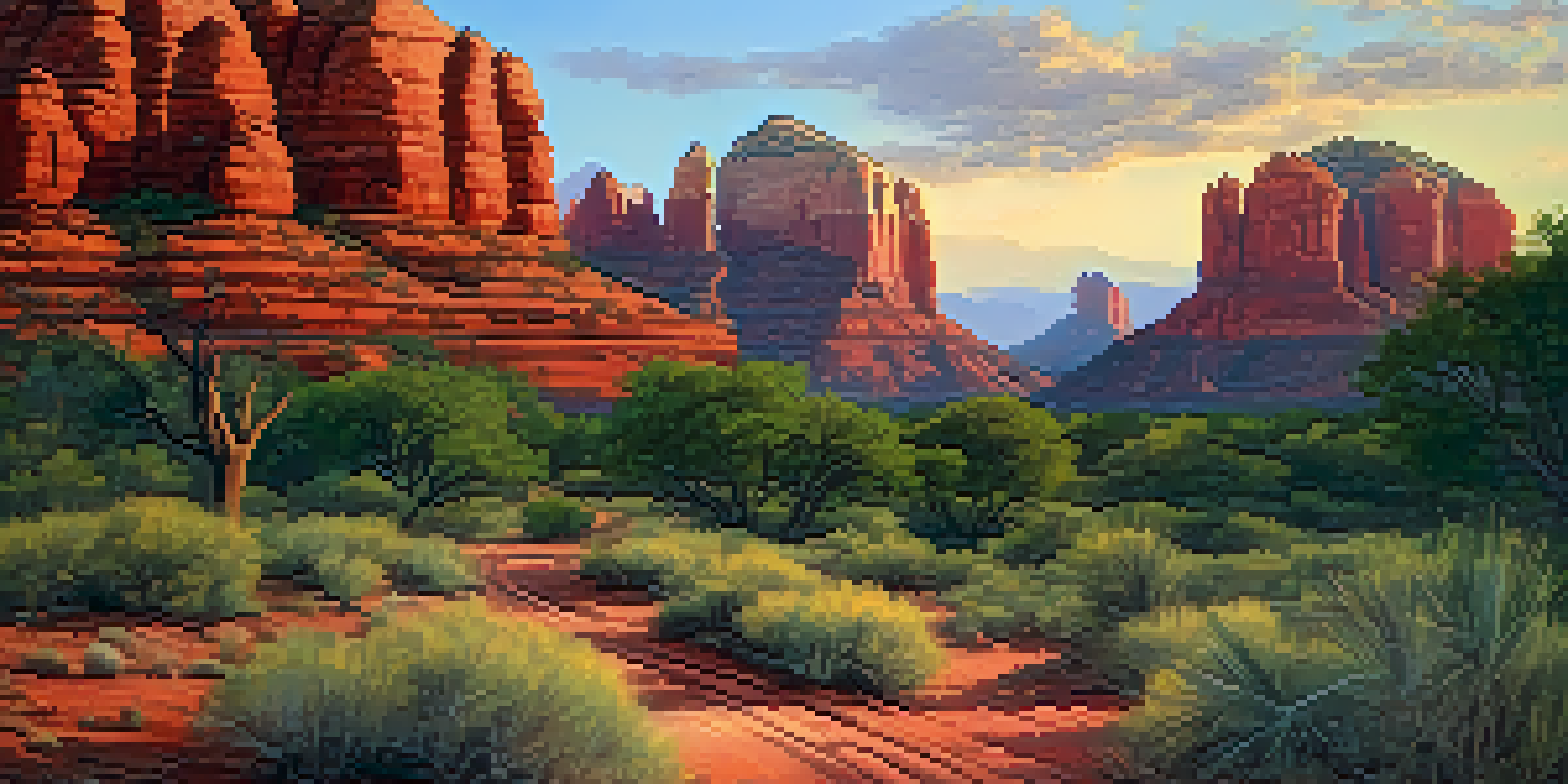A scenic landscape of Sedona's red rock formations illuminated by a vibrant sunset, with a winding path and lush greenery in the foreground.
