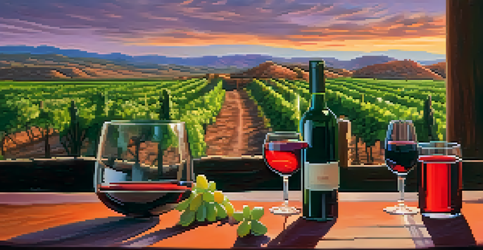 A scenic sunset view of Verde Valley with red rock formations, green vineyards, and a glass of red wine on a table.