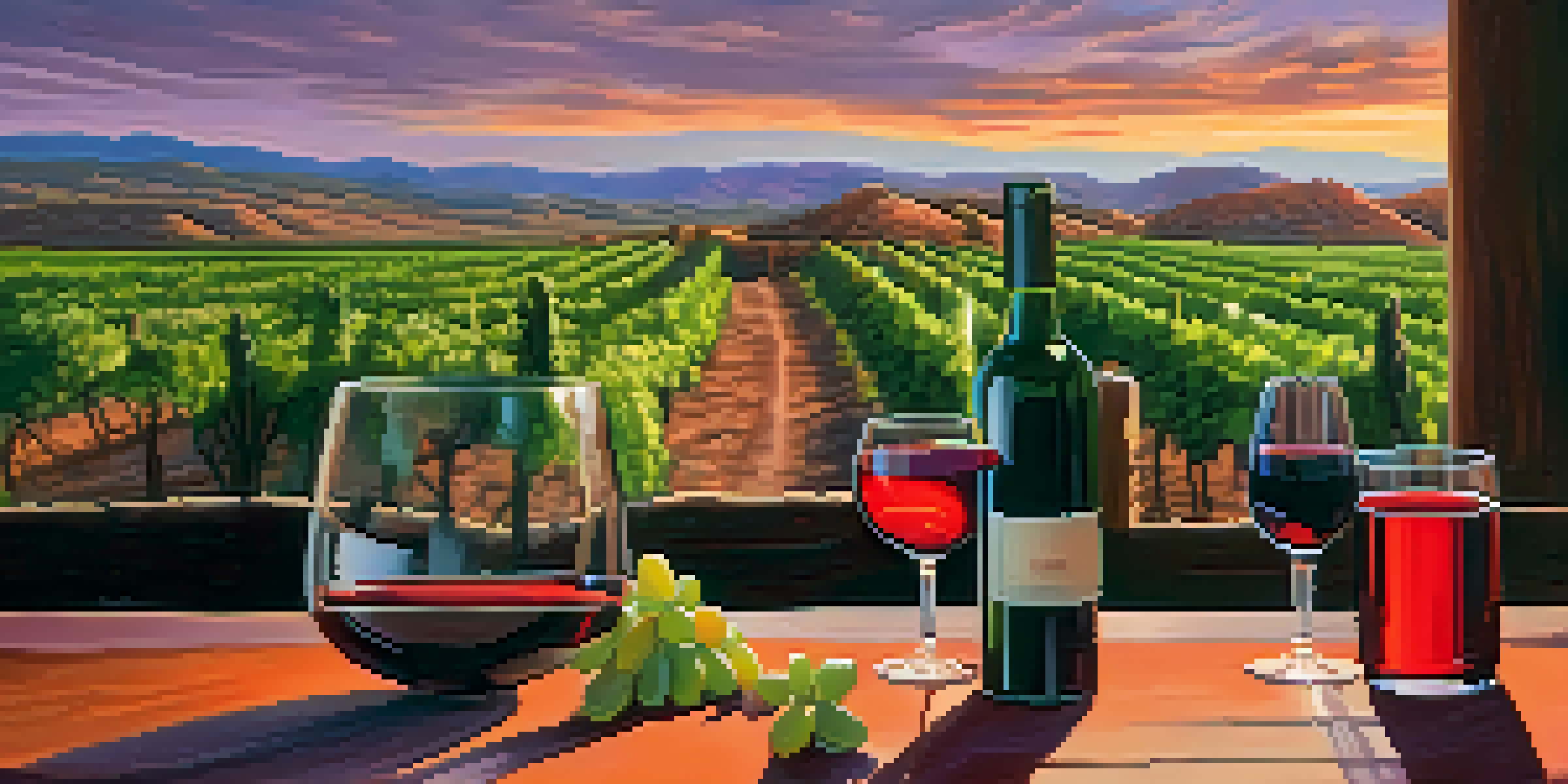 A scenic sunset view of Verde Valley with red rock formations, green vineyards, and a glass of red wine on a table.