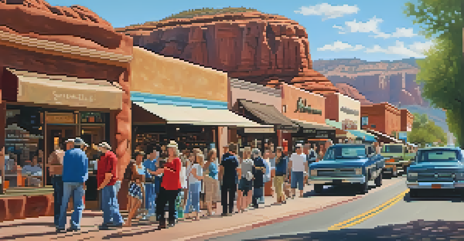 A vibrant street scene in Sedona featuring local artists, colorful galleries, shops, and cafes, with red rock formations in the background.