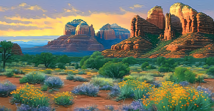 A panoramic view of Sedona's red rock formations at sunset with vibrant wildflowers in the foreground.