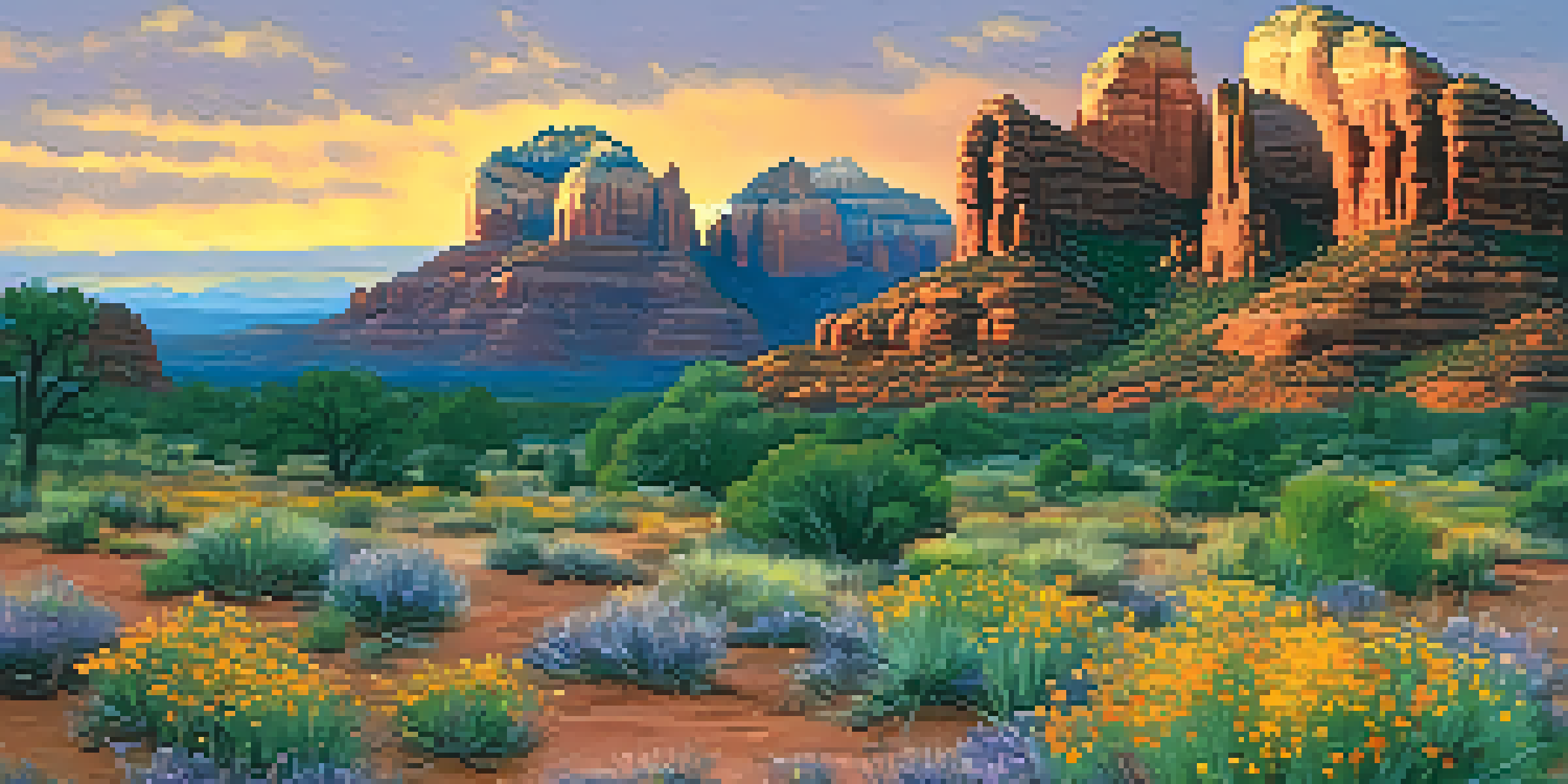 A panoramic view of Sedona's red rock formations at sunset with vibrant wildflowers in the foreground.