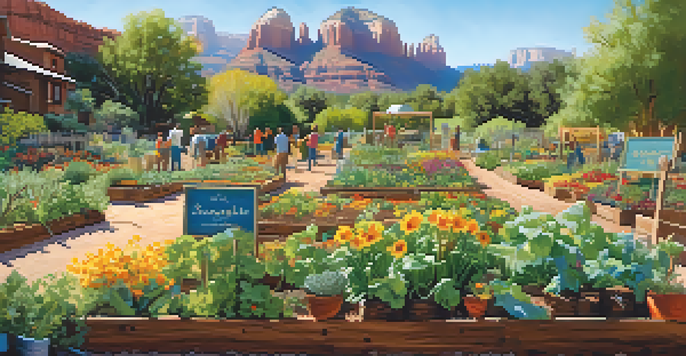 A lively community garden in Sedona with residents of various backgrounds working together among blooming flowers and vegetables under a sunny sky.