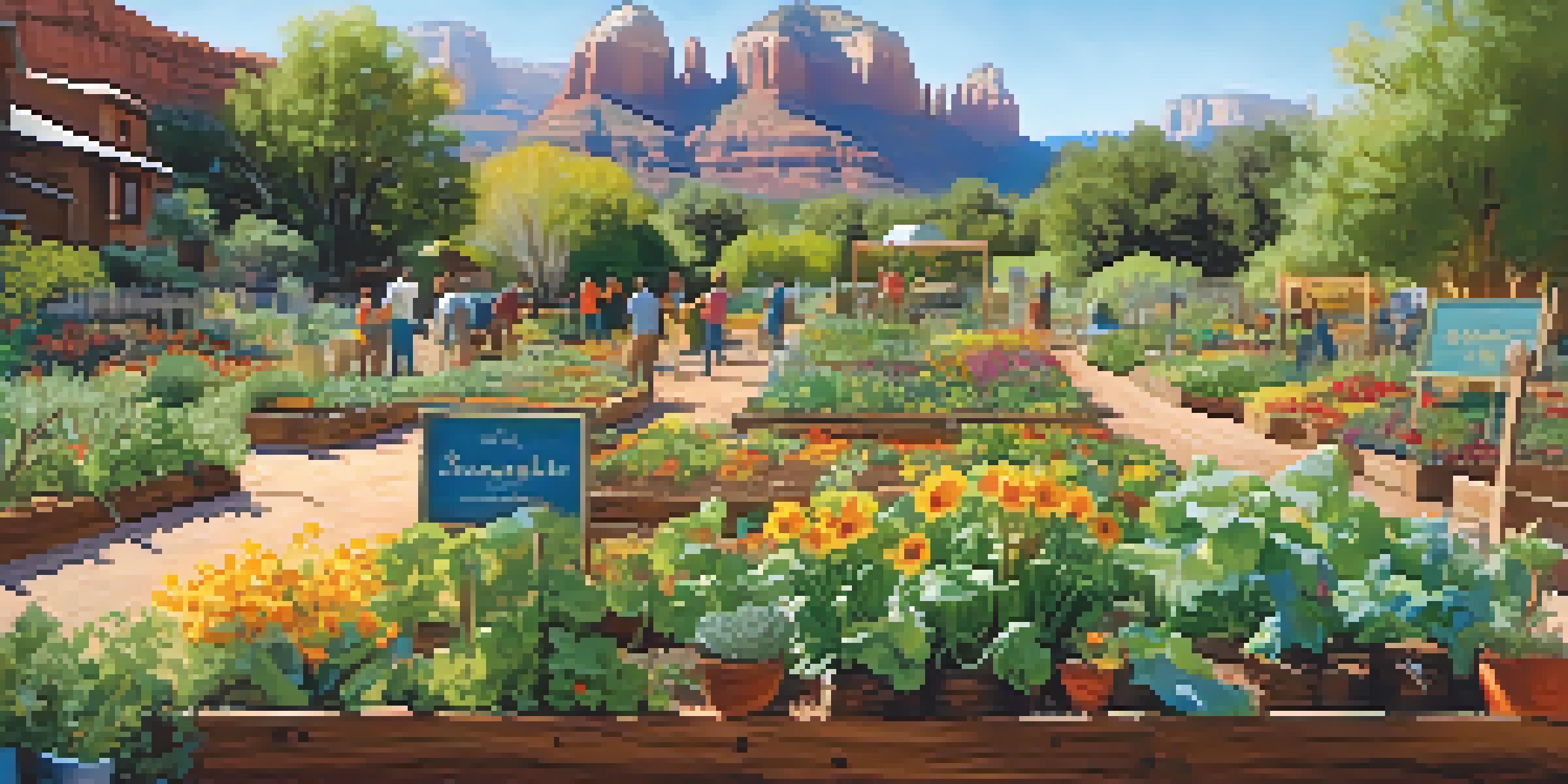 A lively community garden in Sedona with residents of various backgrounds working together among blooming flowers and vegetables under a sunny sky.