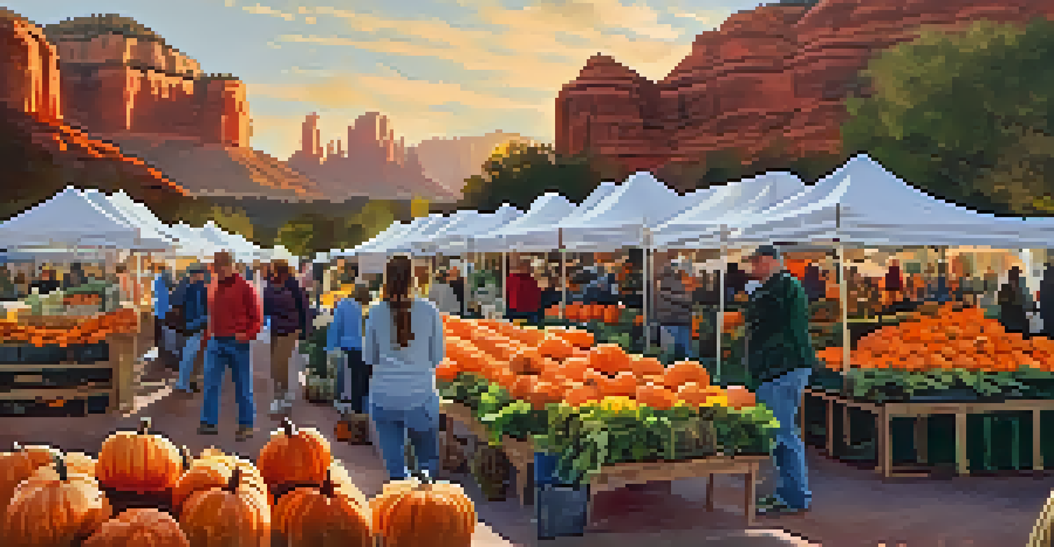 An autumn farmers market scene with pumpkins and colorful fall foliage in Sedona.