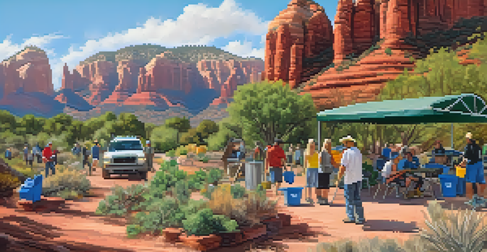 A scenic view of Sedona's red rock formations with residents engaged in a community clean-up, highlighting sustainability efforts.