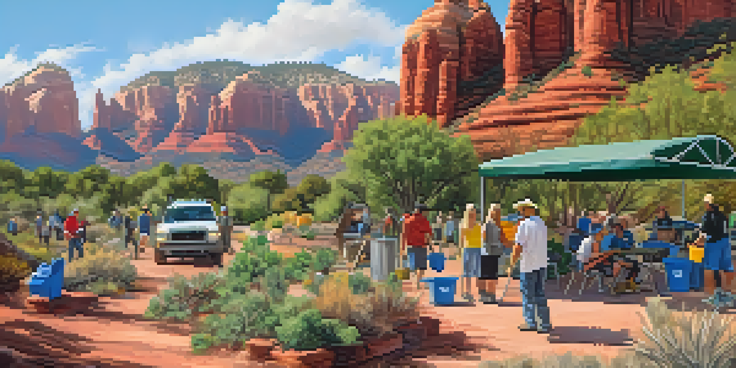 A scenic view of Sedona's red rock formations with residents engaged in a community clean-up, highlighting sustainability efforts.