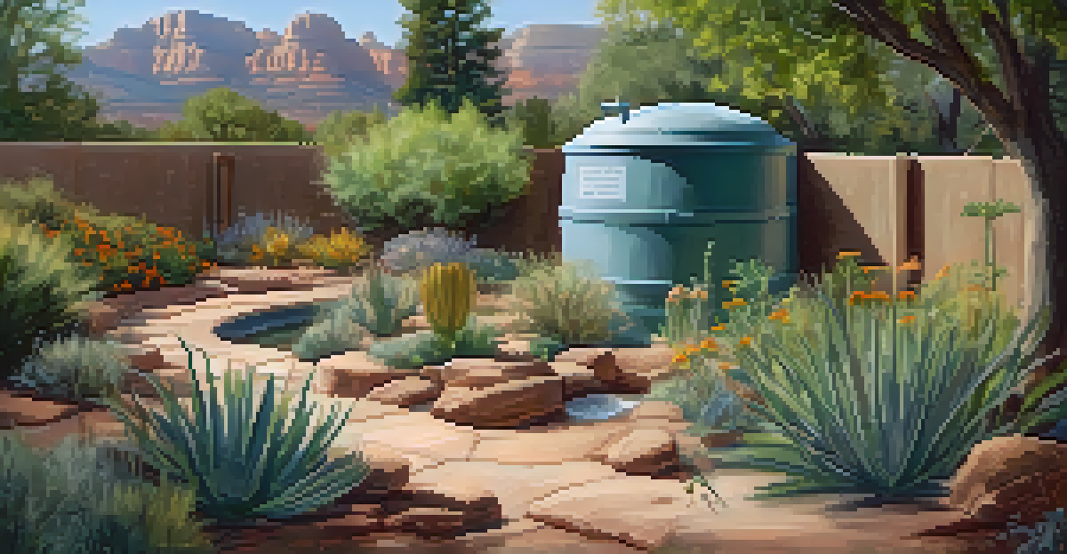 A garden in Sedona designed for water conservation, showcasing native plants and a rain barrel, with educational signs.