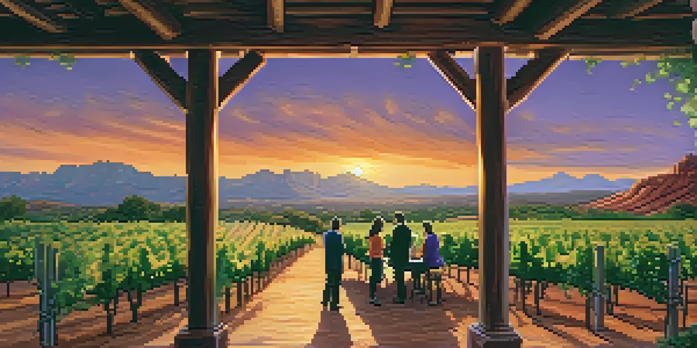 A scenic sunset view of a vineyard in Sedona with grapevines, a rustic tasting room, and a couple enjoying wine on a terrace.