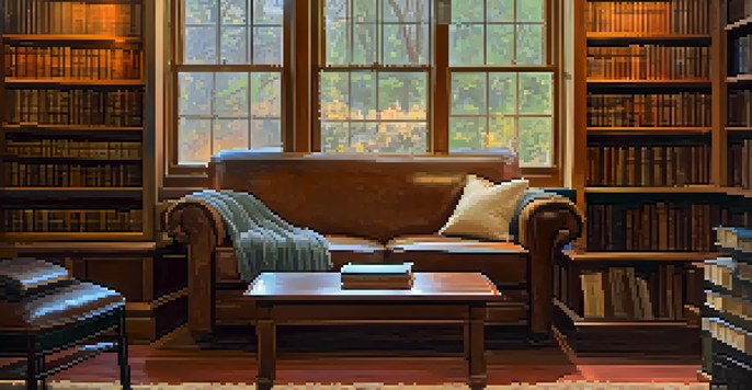 A warm reading nook in a historical society, with bookshelves and vintage artifacts, inviting lighting, and a comfortable armchair.