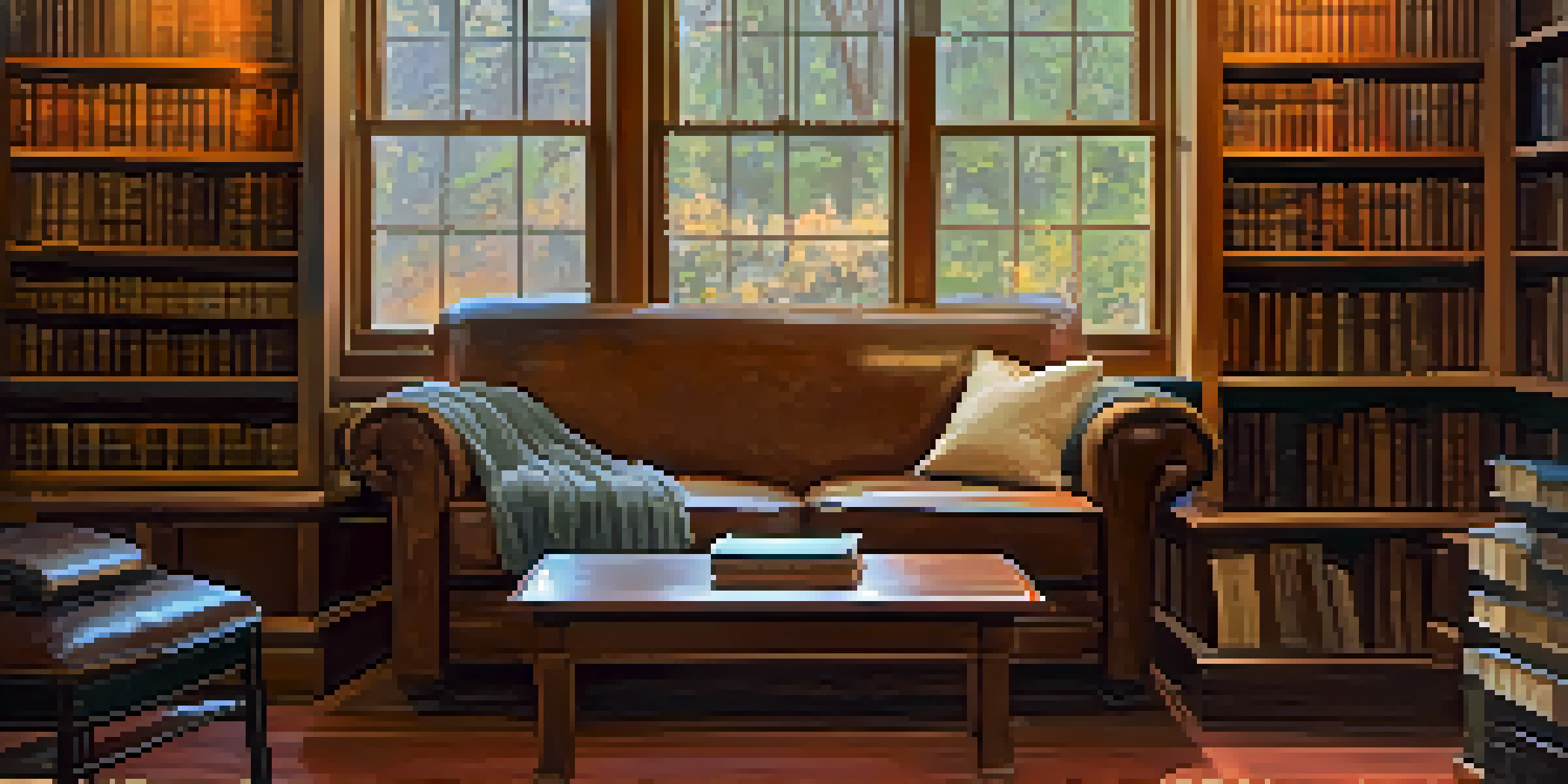 A warm reading nook in a historical society, with bookshelves and vintage artifacts, inviting lighting, and a comfortable armchair.