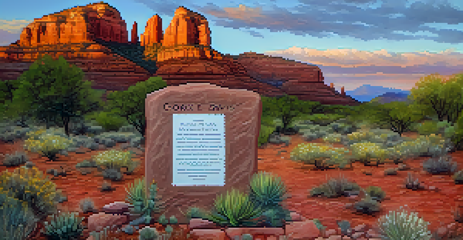 A historical marker for George E. Davis surrounded by blooming desert plants, with red rock formations in the background during dusk.