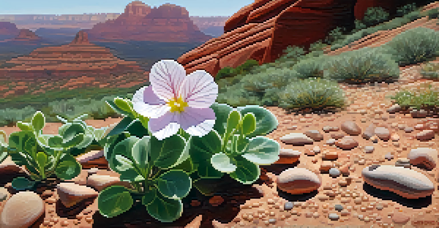 A close-up of a blooming Sedona primrose with sunlight filtering through its petals, set against a blurred background of red rock formations.