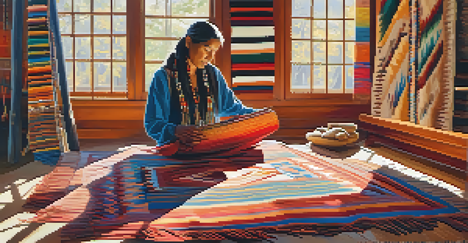 A Native American artist weaving a traditional rug in a bright gallery filled with art.