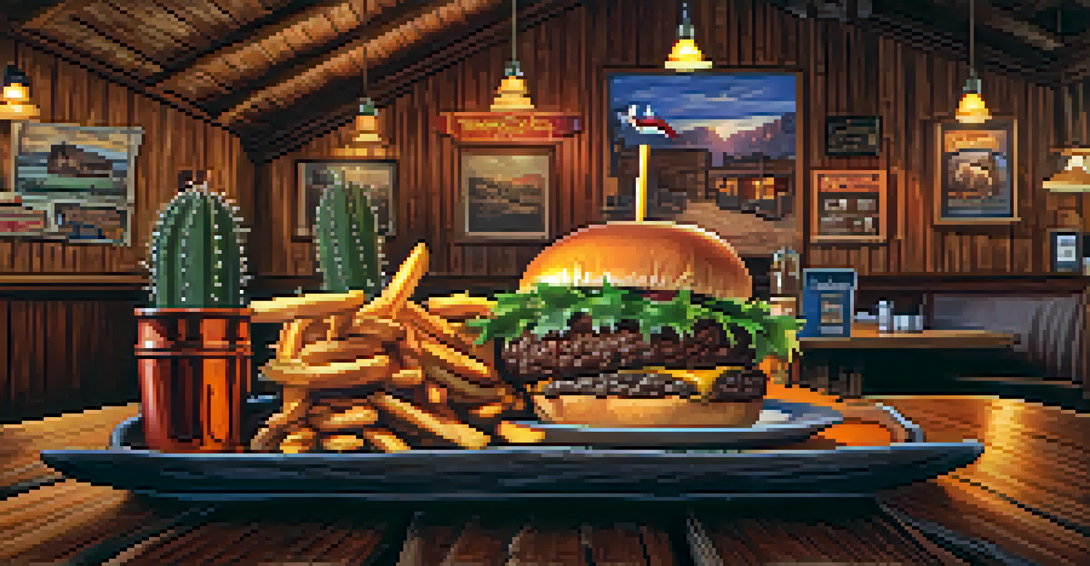 A buffalo burger with cactus fries served at The Cowboy Club in a cozy, rustic setting filled with cowboy memorabilia.