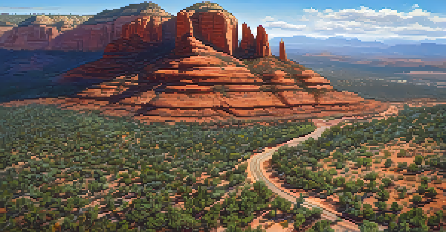 Aerial view of Bell Rock in Sedona, showing its unique shape against a blue sky and rugged terrain.
