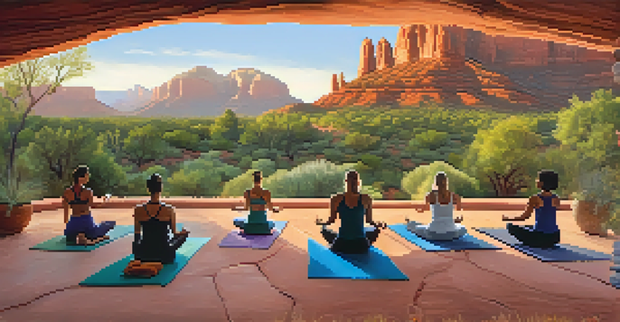 A group of people practicing yoga outdoors at sunrise with red rock formations in the background.