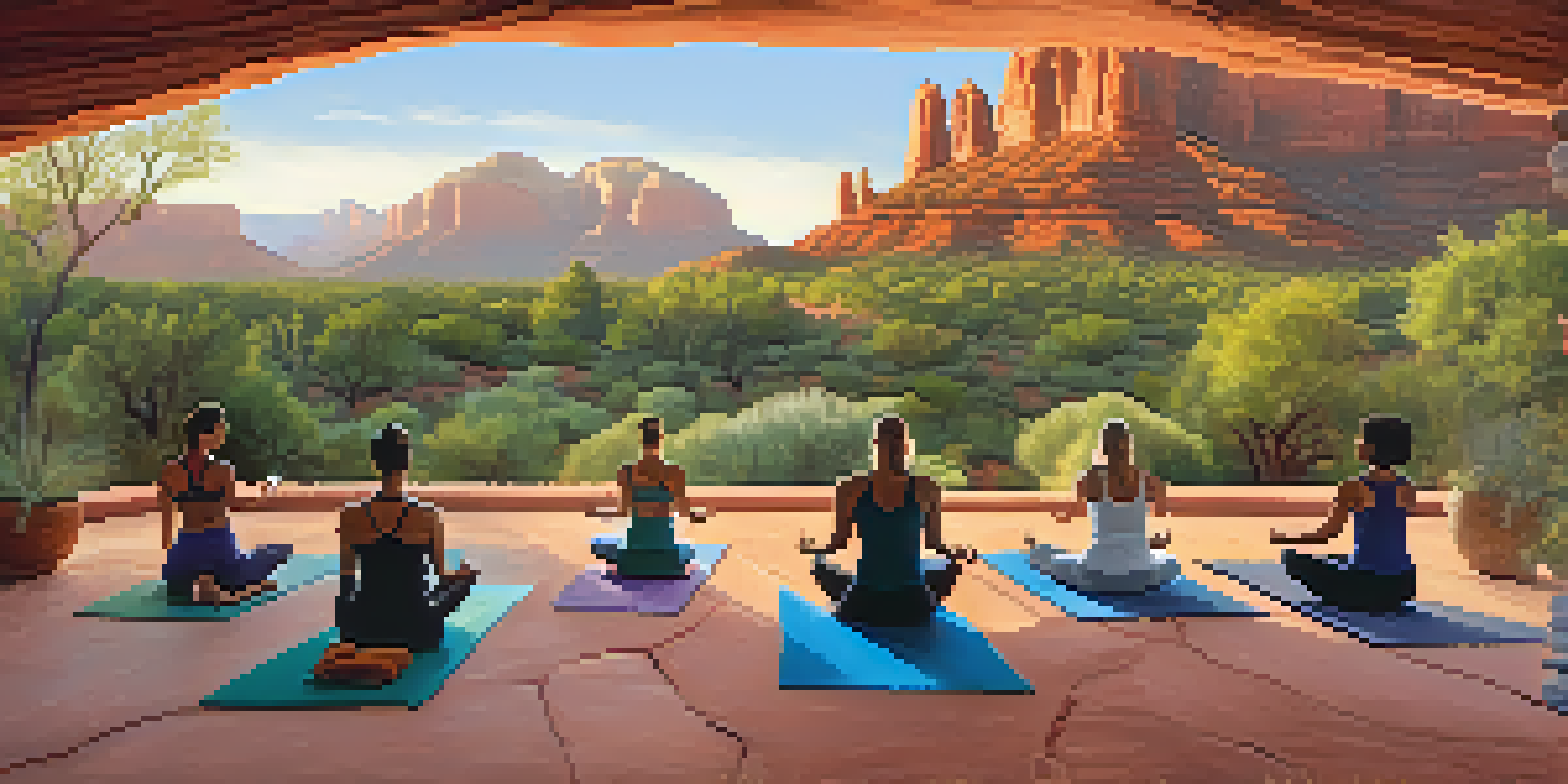 A group of people practicing yoga outdoors at sunrise with red rock formations in the background.