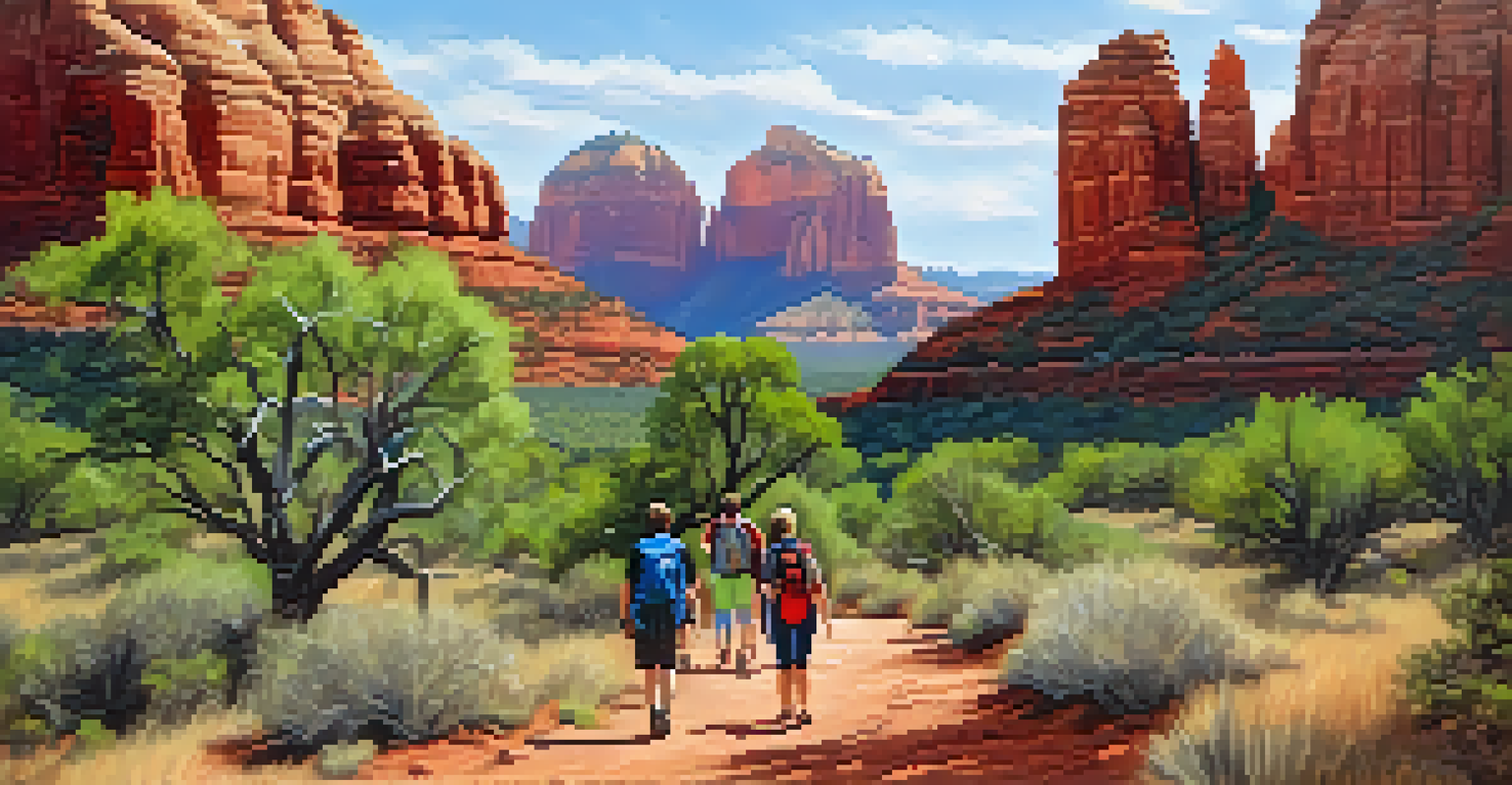 A scenic hiking trail in Sedona with red rock formations and travelers appreciating the natural beauty.