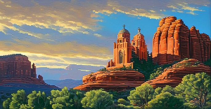 Panoramic view of the Chapel of the Holy Cross illuminated by sunrise, surrounded by red rock formations.