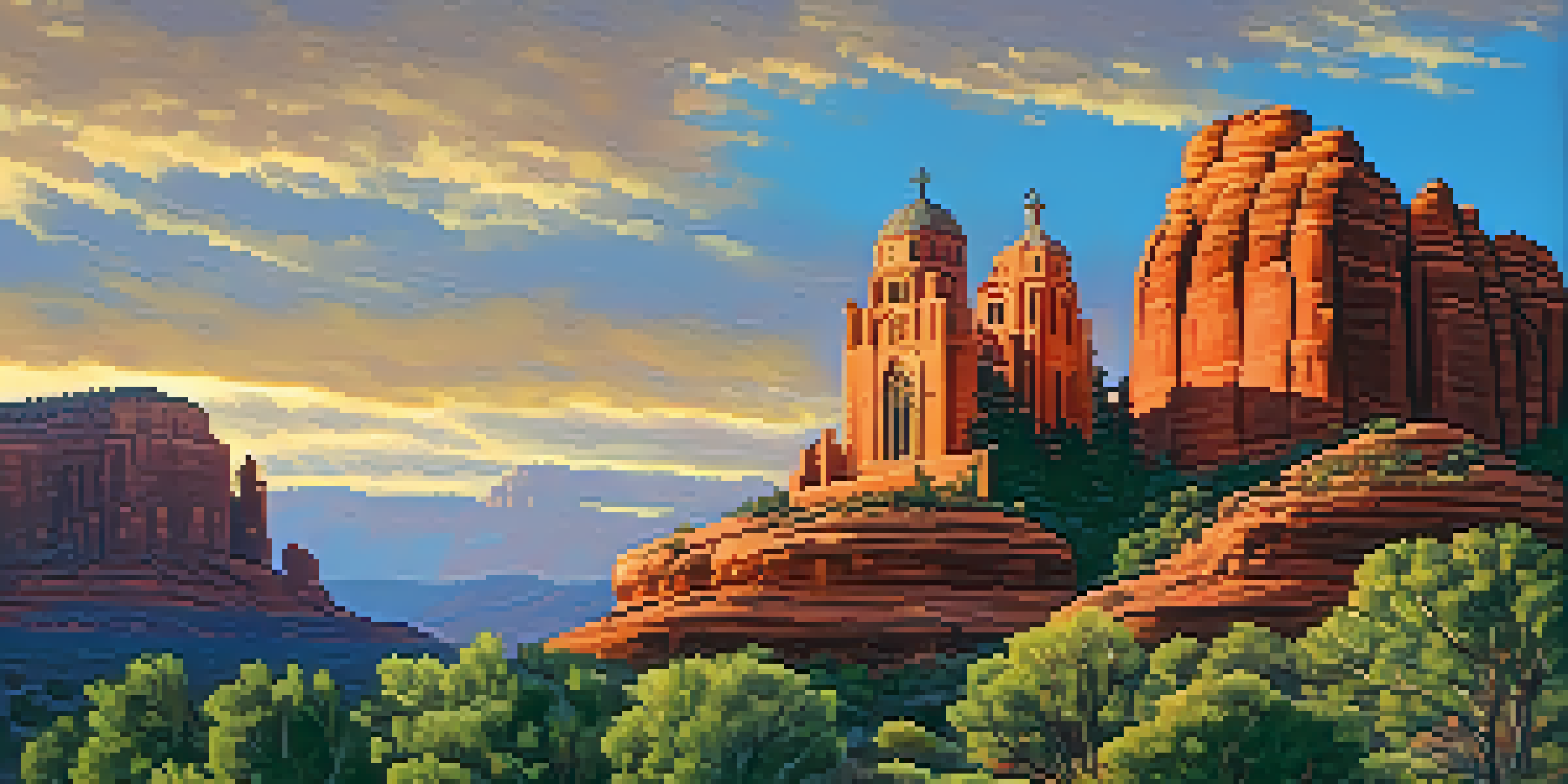 Panoramic view of the Chapel of the Holy Cross illuminated by sunrise, surrounded by red rock formations.