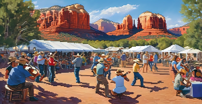 A lively bluegrass festival with musicians playing instruments and a crowd dancing under red rock formations in Sedona.