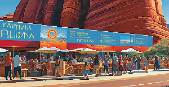 A lively outdoor gathering at the Sedona Film Festival with red rock formations in the background and people engaged in discussions.