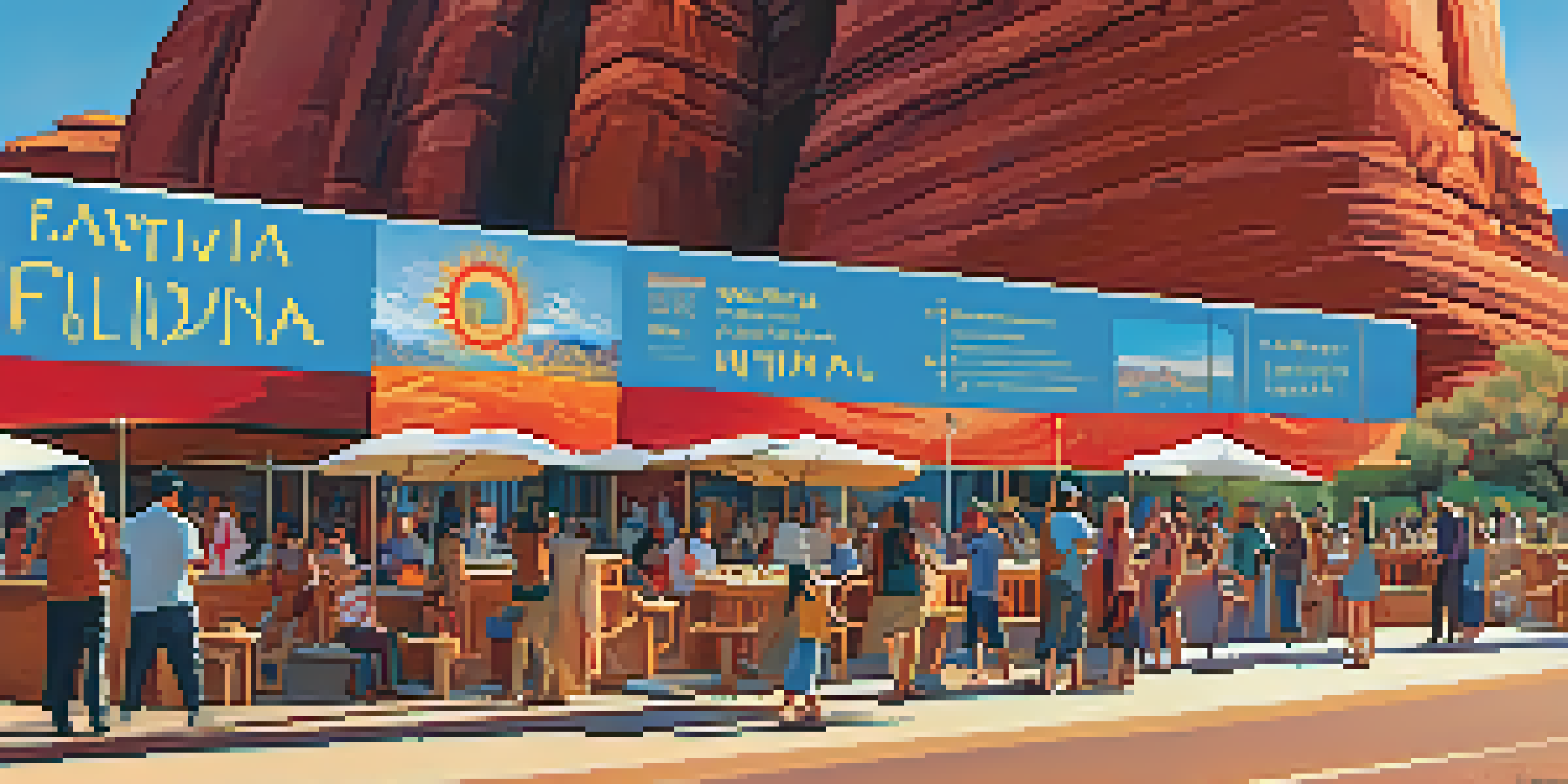 A lively outdoor gathering at the Sedona Film Festival with red rock formations in the background and people engaged in discussions.