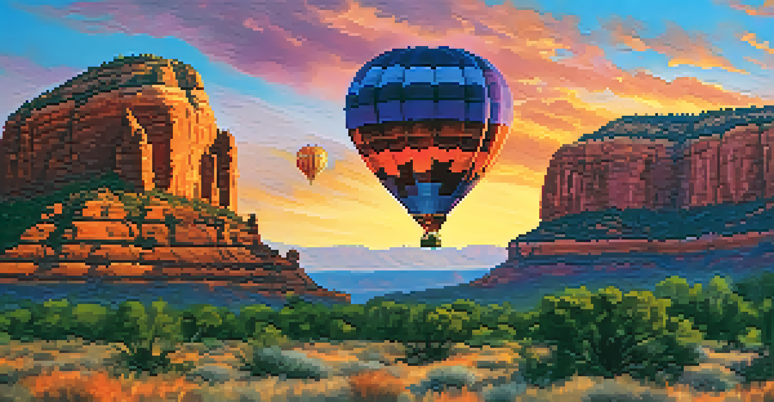 Hot air balloon ride at sunset over Sedona, with colorful sky and silhouettes of red rock formations.