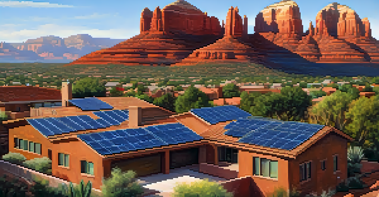 A landscape of Sedona with solar panels on rooftops and red rocks in the background, depicting renewable energy efforts.