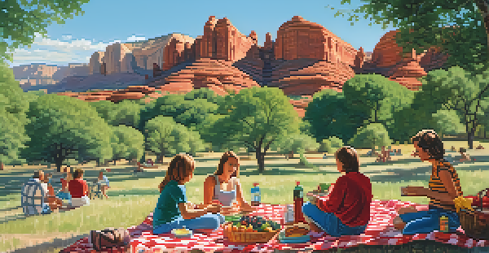 Families having a picnic at Red Rock State Park with red rock formations in the background.