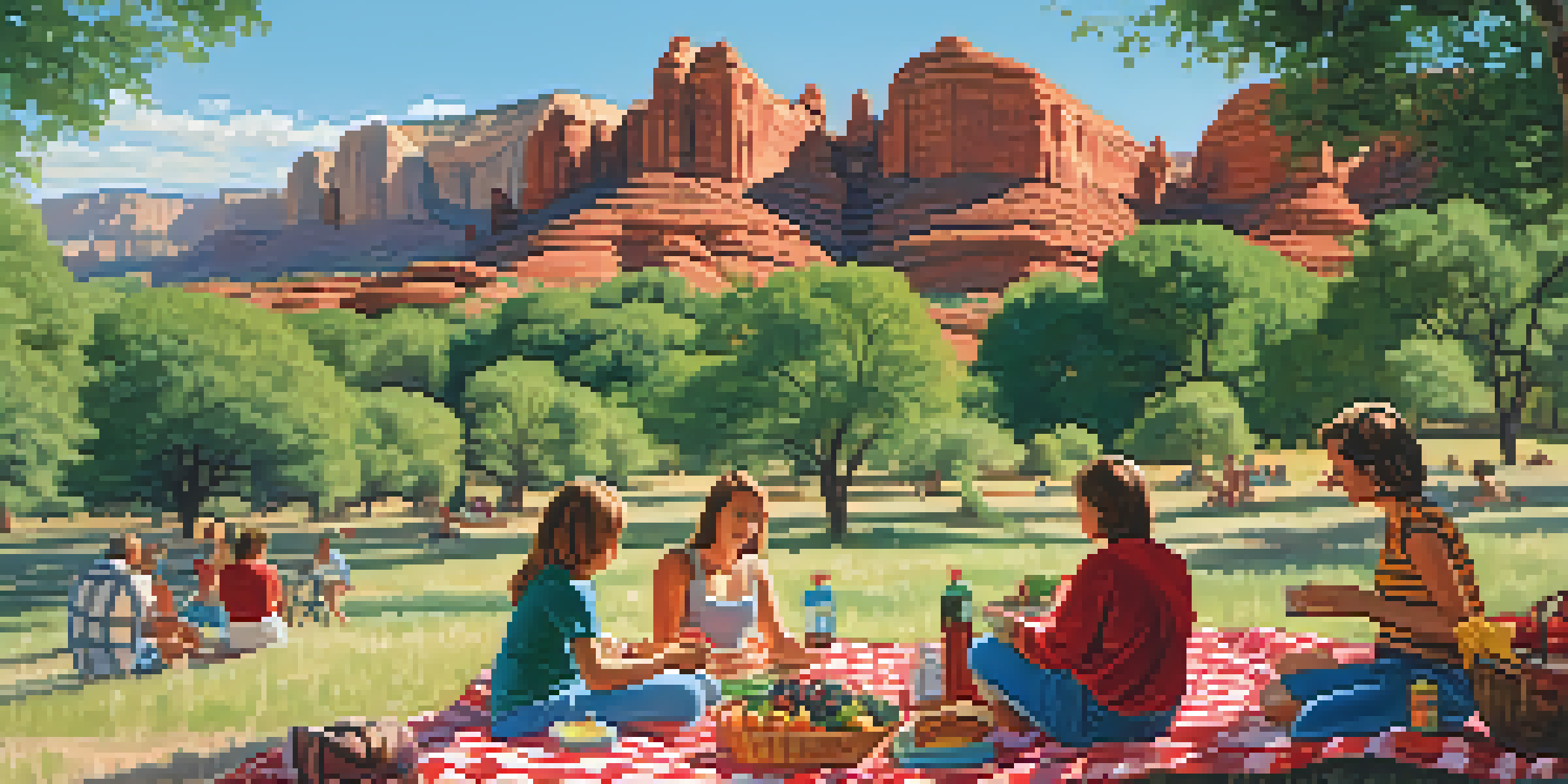 Families having a picnic at Red Rock State Park with red rock formations in the background.