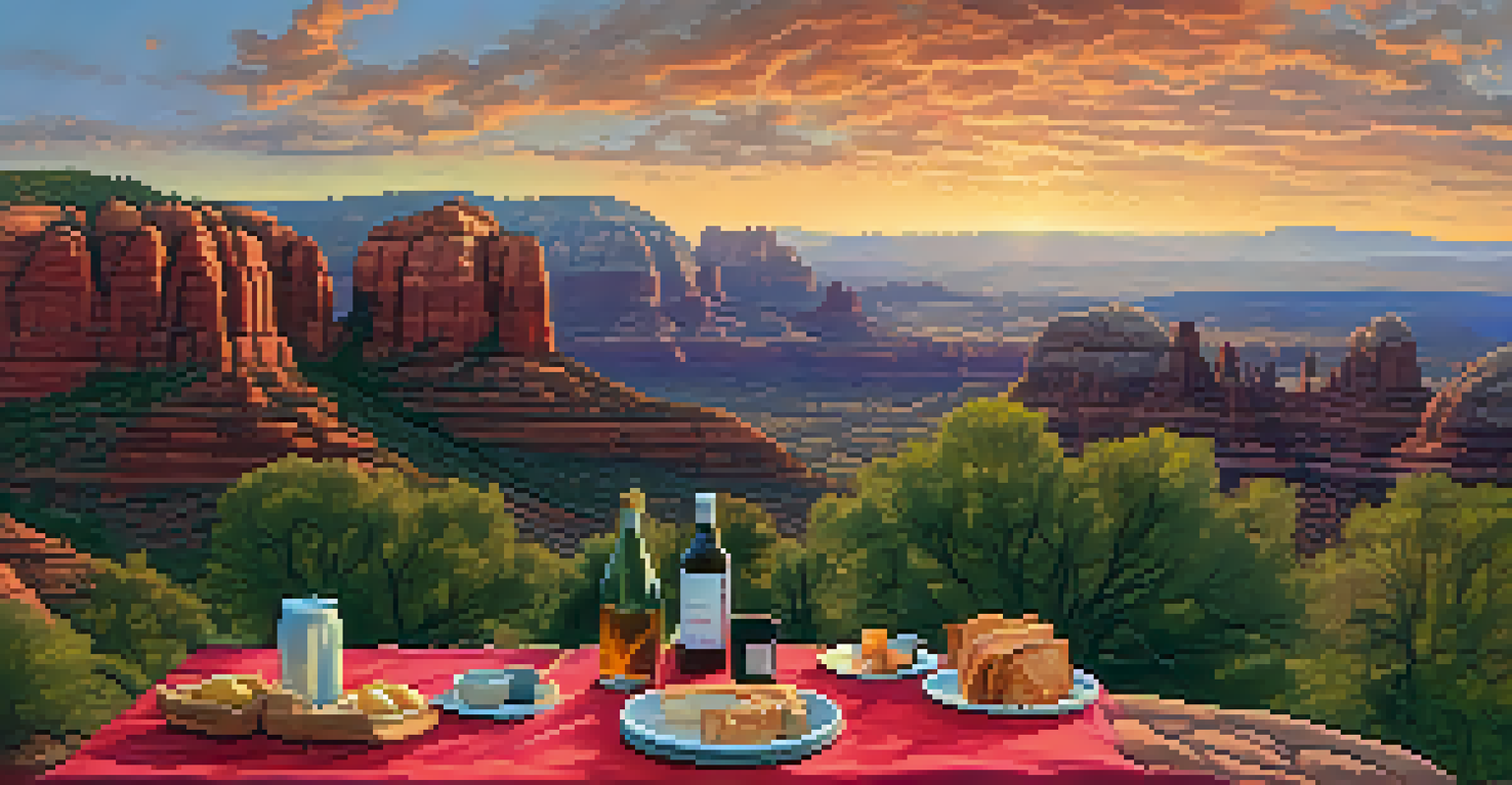 A stunning sunset view from Red Rock Overlook with a picnic setup, featuring red rock formations and colorful skies.